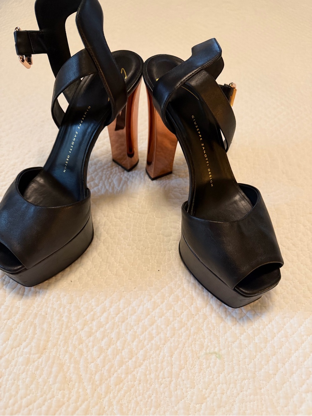 Giuseppe Zanotti Black Leather Platform Peep-Toe Sandals with Metallic Heel